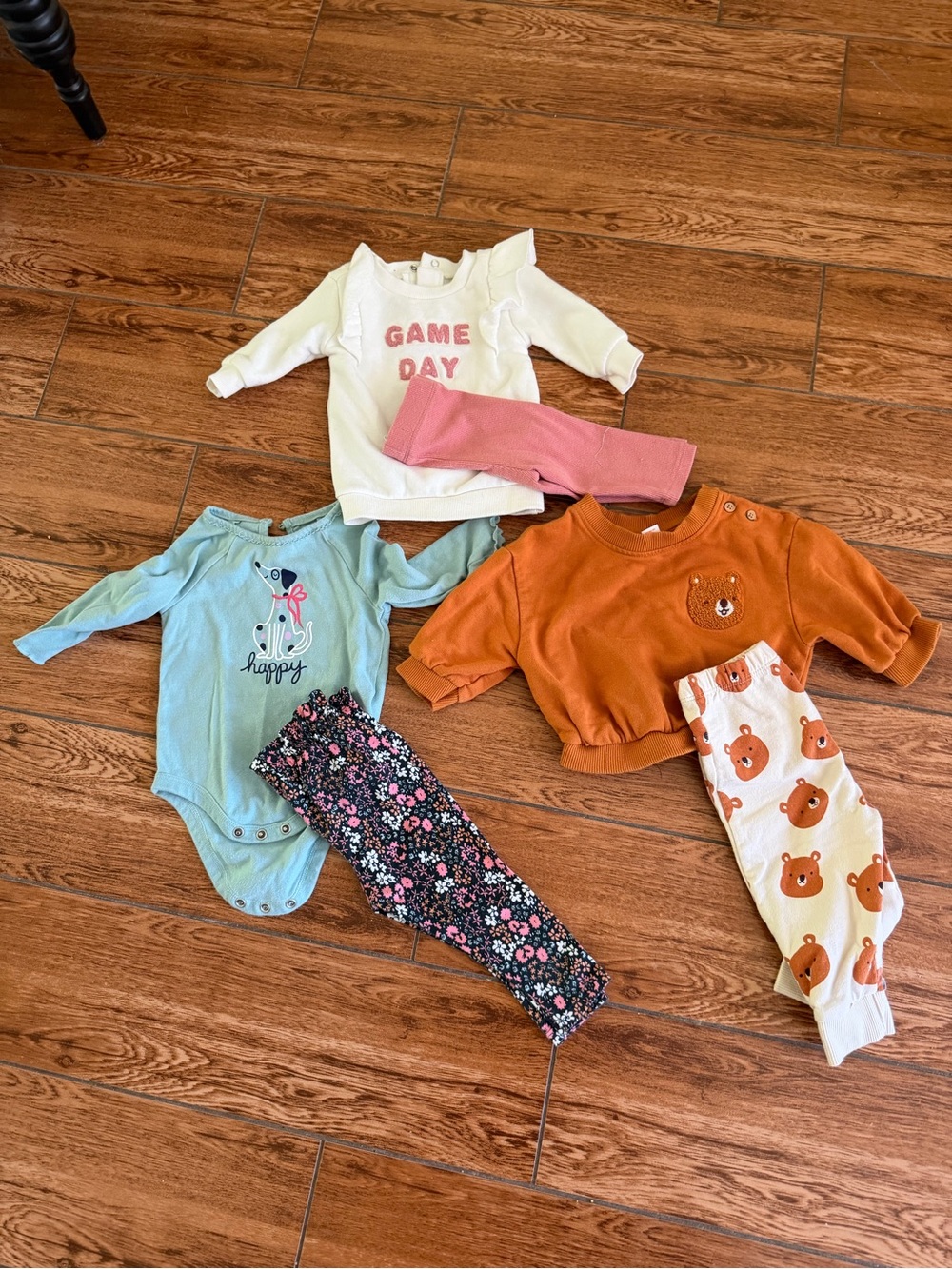 Carter's White "Game Day" Top, Pink Leggings, Blue Bodysuit, Rust Sweatshirt Set